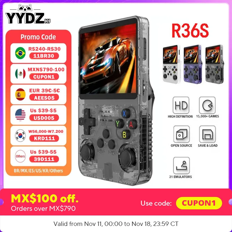 Open Source R36S Retro Handheld Video Game Console Linux System 3.5 Inch IPS Screen Portable Pocket Video Player 64GB Games