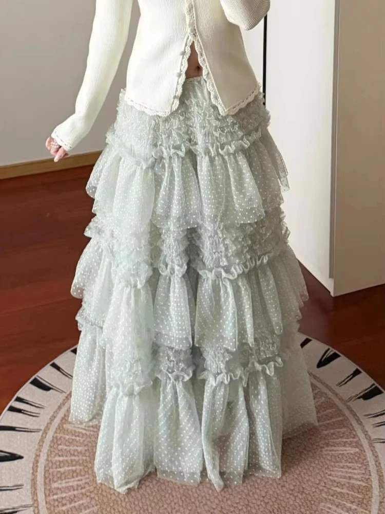 GG Fashion Sweet Skirts High Waist Ruffles Patchwork Gauze Polka Dot Cake Skirt Design All Match Female Slim Women's Clothing