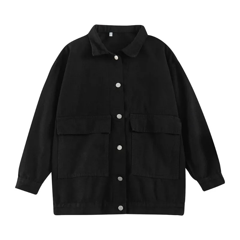 Chaquetas vaqueras negras de manga larga con temperamento, ropa de trabajo holgada de estilo japonés que combina con todo, abrigos de otoño de un solo pecho, calle alta