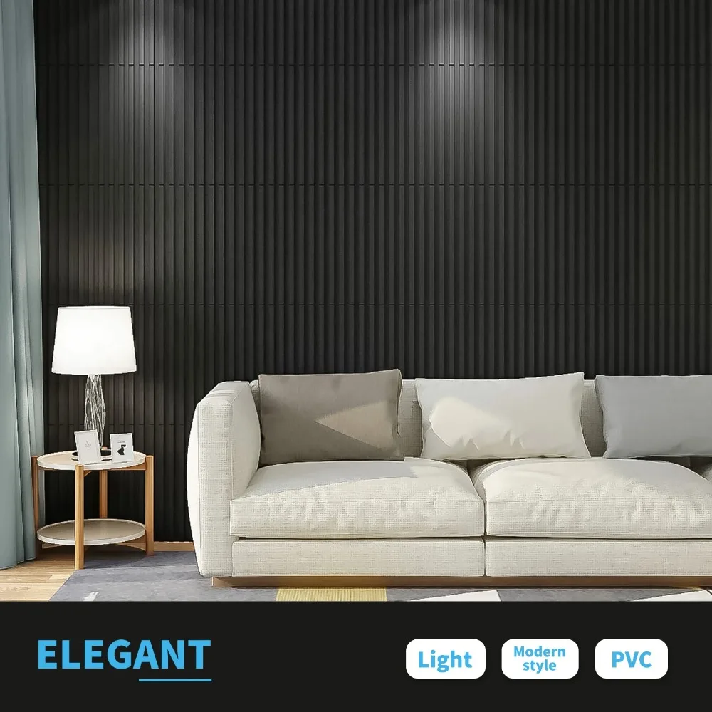 Panel Dinding Slat 3D PVC Hitam 19,7"x 19,7", Paket 12 Buah