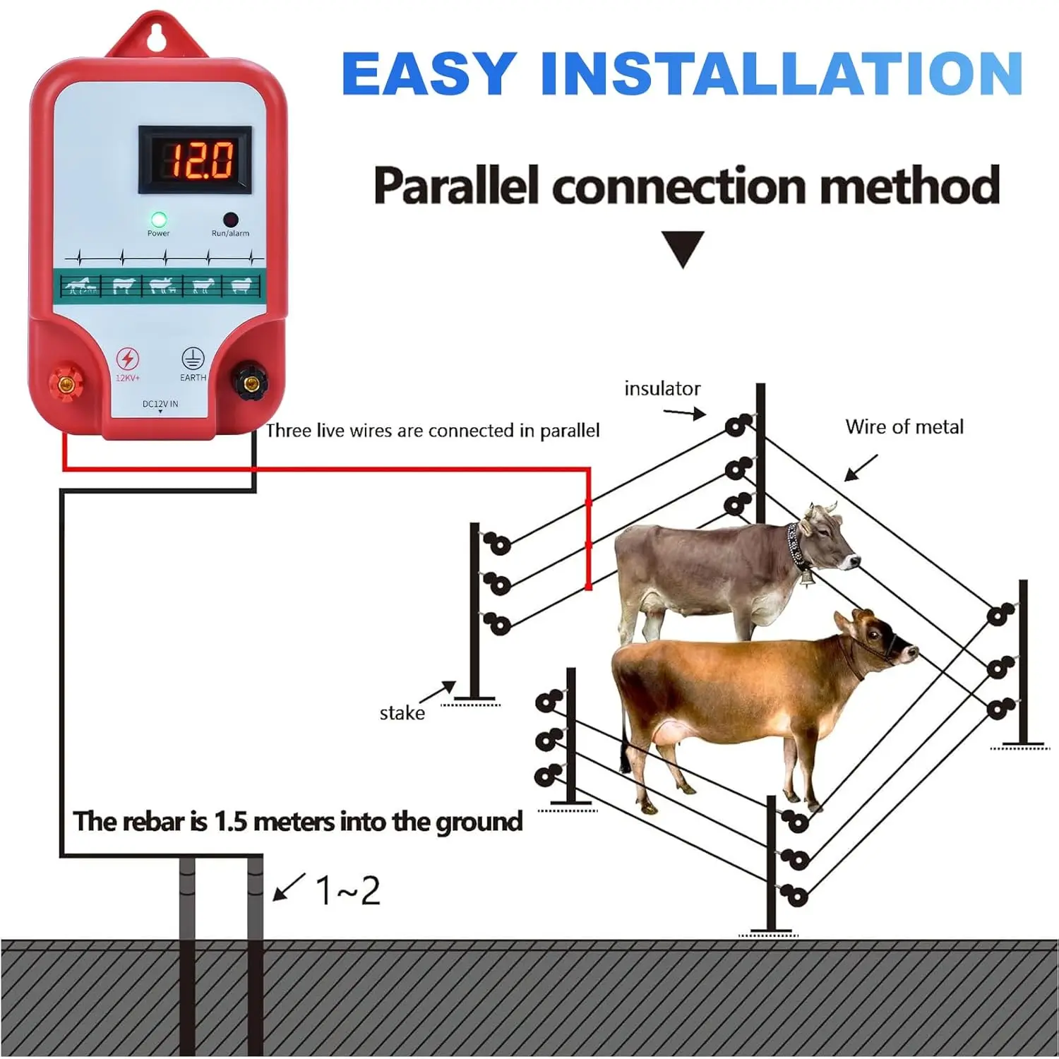 

15KM Electronic Pulse Fence Kit Electronic Fence Shepherd Charger for Livestock Sheep Cattle Horse Poultry Fence Tool