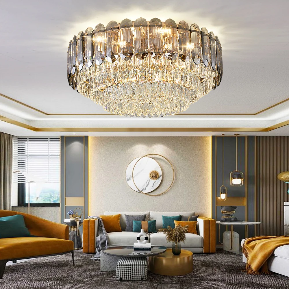 Luxury Smoky Gray Crystal Ceiling Lights 2025 New Postmodern Led Lighting Home Decoration Lamps