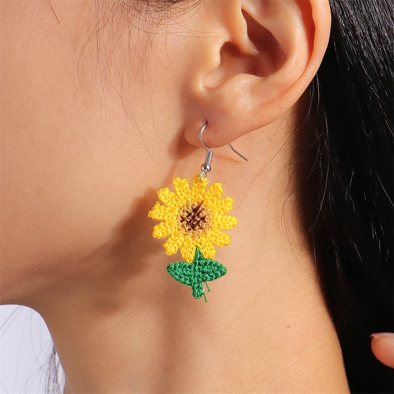 Cute Sunflower Drop Earrings for Women Handmade Knitted Plant Dangle Hook Earrings Girls Party Birthday Jewelry Gifts