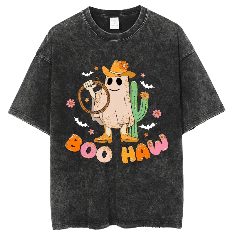 Funny Cartoon Ghost Print Women's Summer T-Shirt Black Unisex Feng Shui Wash Denim Cotton Loose Short Sleeve Student Design Top