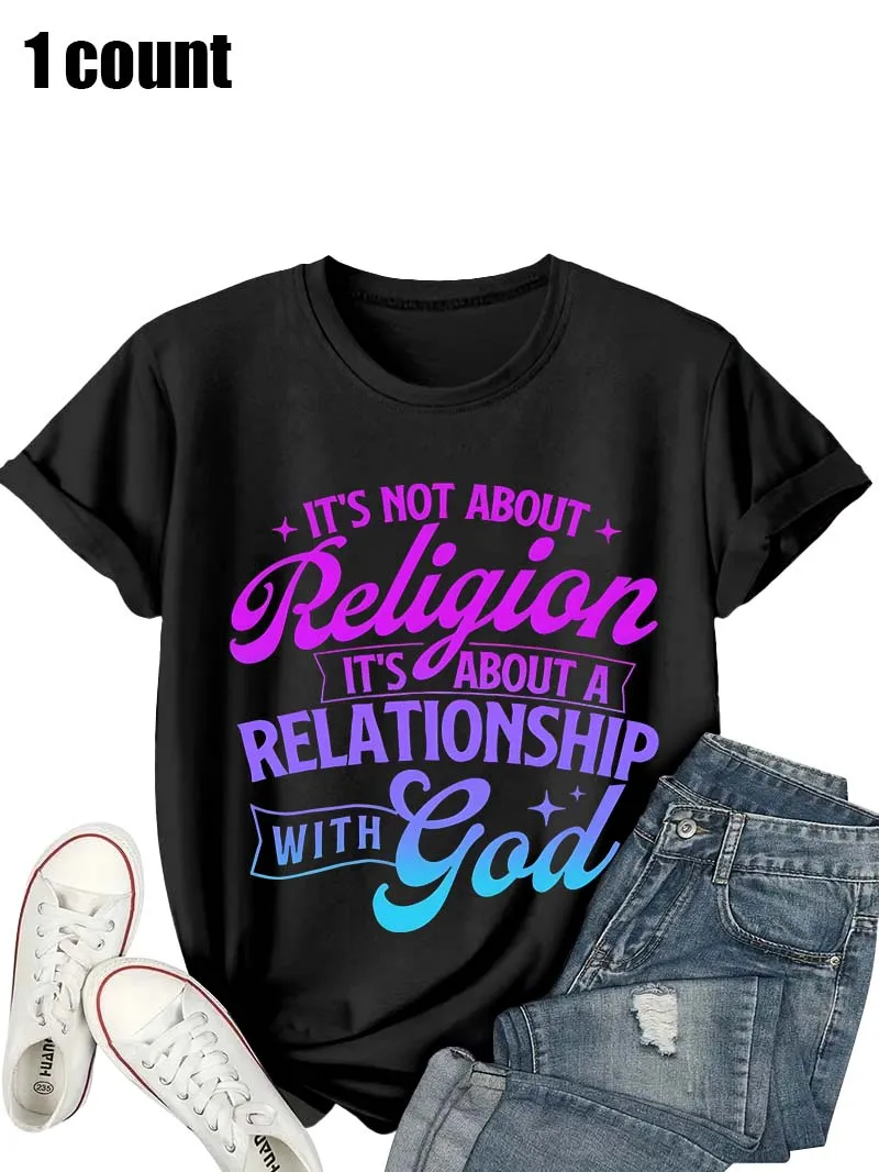 

2025 Новая женская повседневная футболка больших размеров с коротким рукавом и круглым вырезом — фиолетовый с градиентом — синие футболки с текстовым принтом, женские топы