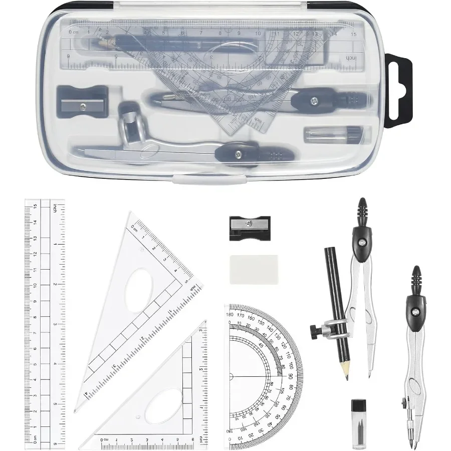 10-Piece Math Geometry Set Black | with Shatterproof Storage Box & Compass for Students, School & Classroom Use
