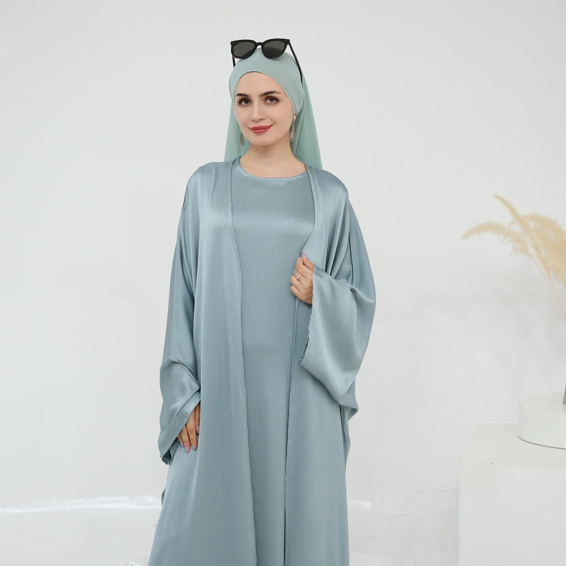 Femmes ouvert Abaya caftan dubaï turquie 2 pièces ensemble musulman Islam Robe Kimono Maroc vêtements Caftan Kebaya Jalabiya Eid costume