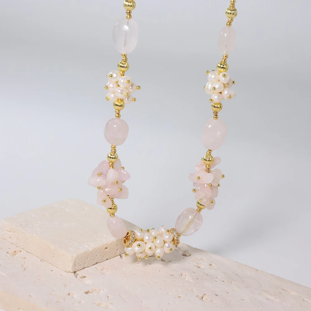 Natural Pink Crystal Pearls Necklaces Retro Palace Style Fashion Jewelry Necklaces Gifts for Mom Wife GirlfriendGN0594