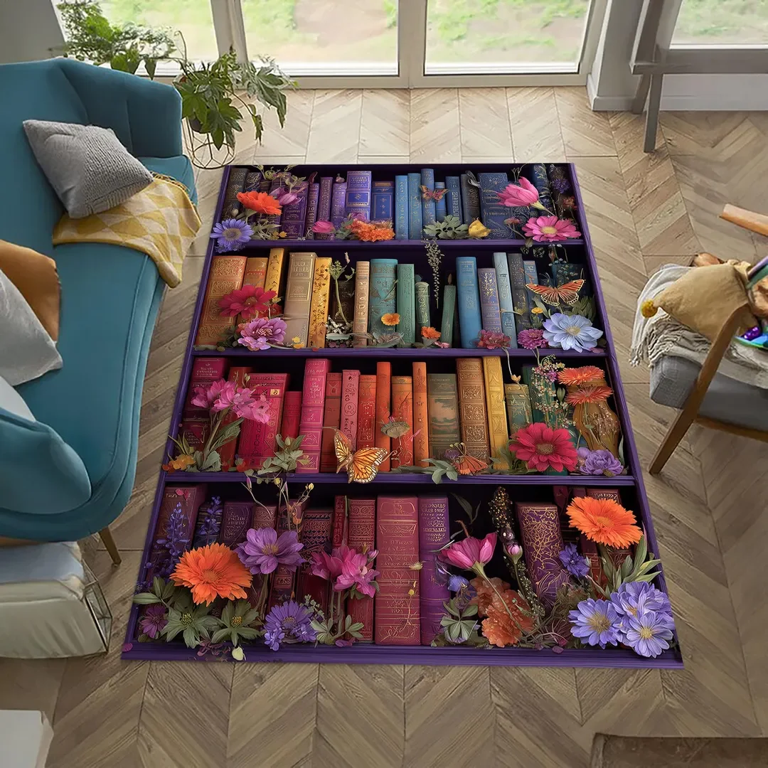 Bookshelf Print Area Rug Soft Flannel Washable Floor Mat for Living Room Bedroom Kids Room Study Room Library Themed Home Decor