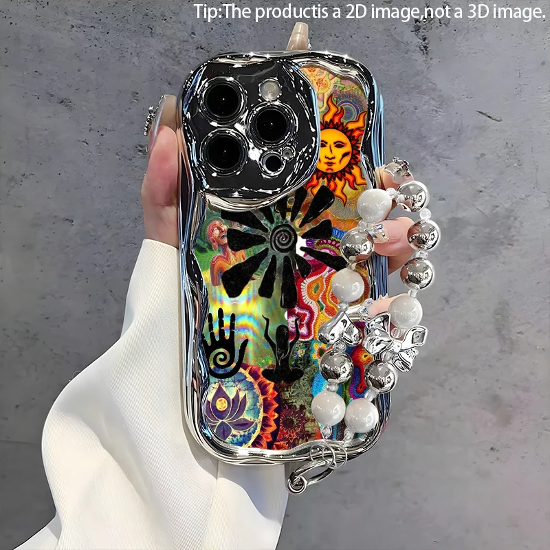 Hippie Rainbow Pattern 2D Irregular Plated Phone Case with Bracelet for iPhone 17/16/15/14/13/12/11/PLUS/PROMAX Trendy