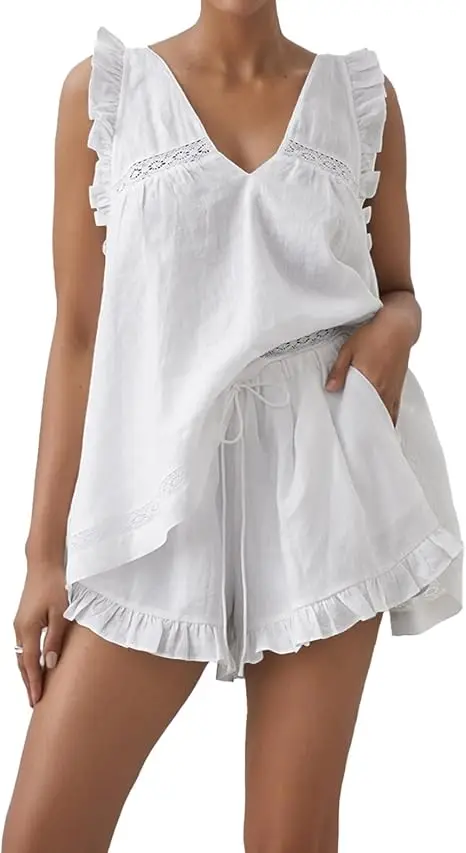 New Fashion Womens Casual 2 Piece Outfits Sleeveless V Neck Ruffle Tank Tops + Shorts Set Loungewear Hot Sale S M L