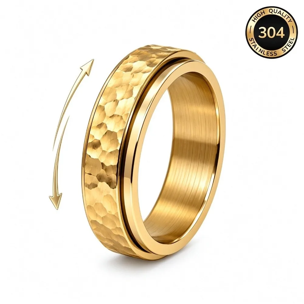 Hammered Moonpits Spinner Ring Rotating Irregular Patterns Meteorite Ring Vintage Punk Reducing Pressure Stainless Steel Ring