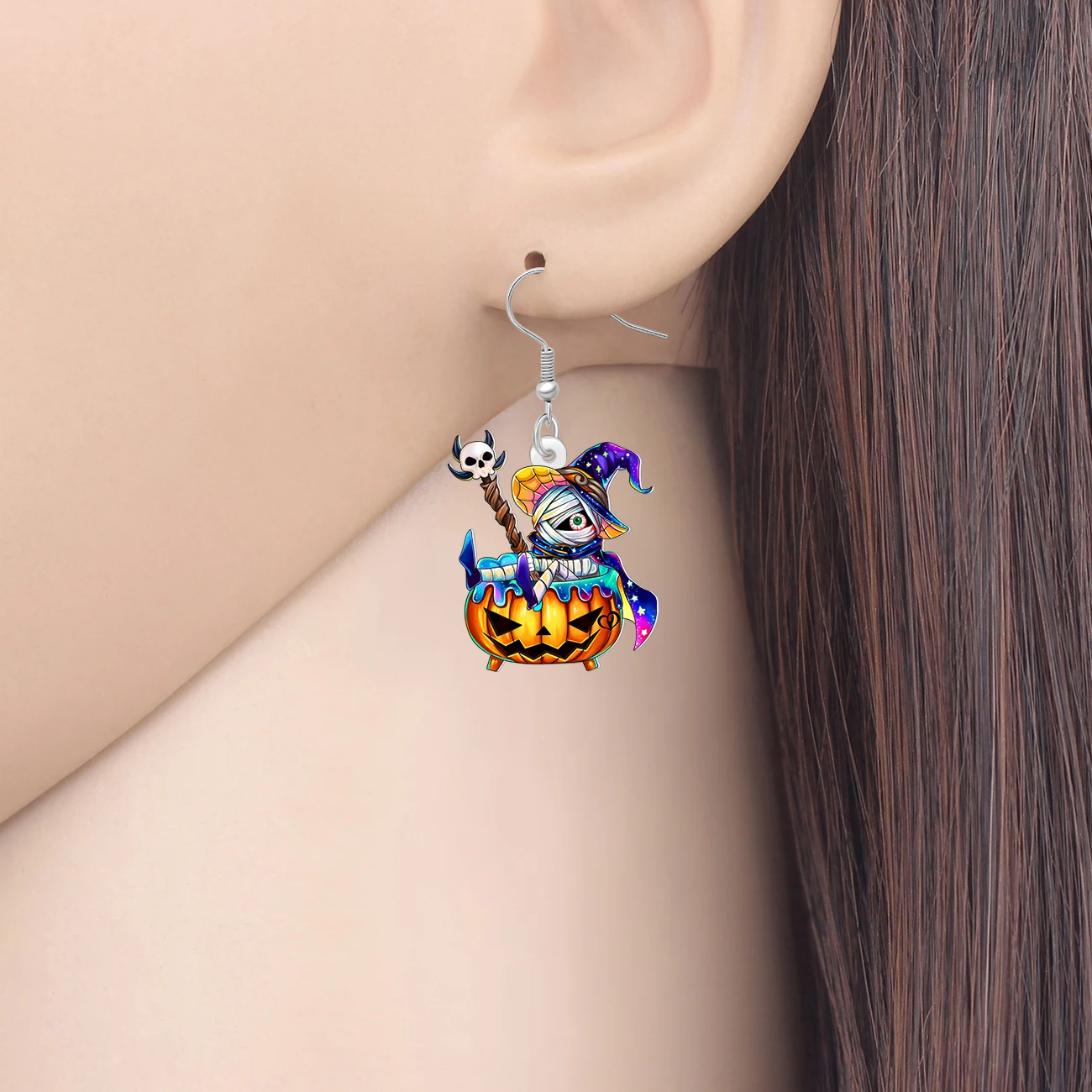 BONSNY Acrylic Halloween Horror Mummy Earrings Pumpkin Lantern Witch Hat Skull Dangle Whimsigoth Jewelry Gifts For Women Teens