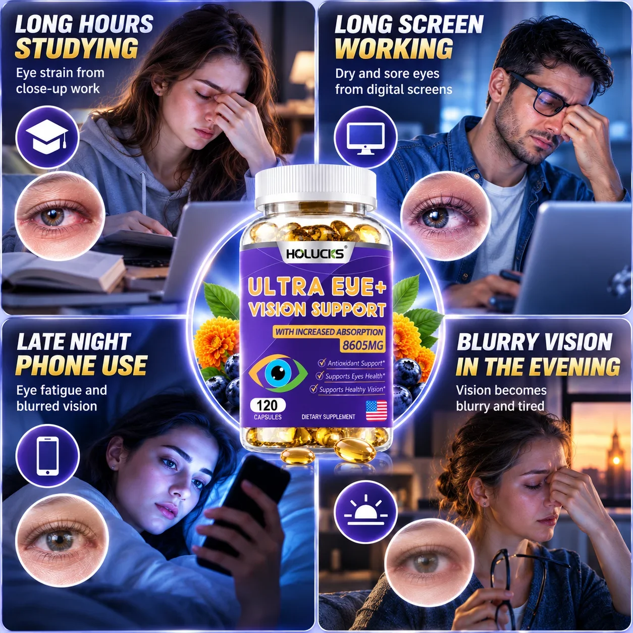Ultra Eye+ Vision Support Supplement, Bilberry Lutein & Astaxanthin, Support Retina Eye & Vision Health, Ease Dry & Tired Eyes