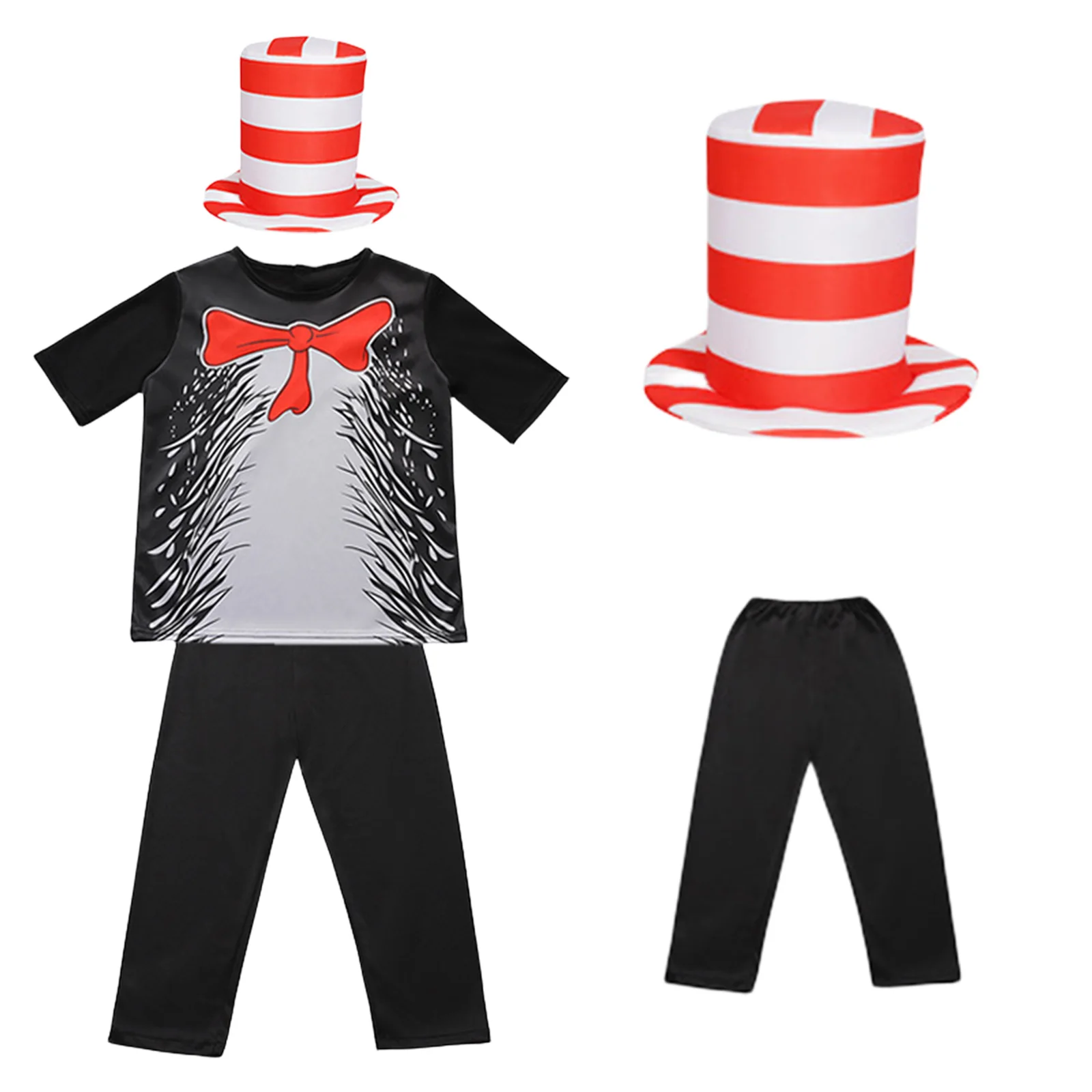 Kids Cat in the Hat Costume Top Hats Outfit Halloween Character Cosplay Jumpsuit Gloves Accessory Kit Dr. Seuss Dress Up Suit