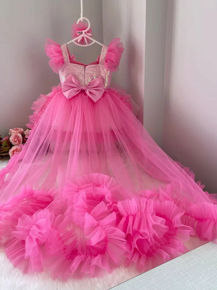 Princesa vestido da menina de flor inchado tule rosa branco lantejoulas em camadas arco com cauda sem mangas para festa aniversário casamento vestido baile