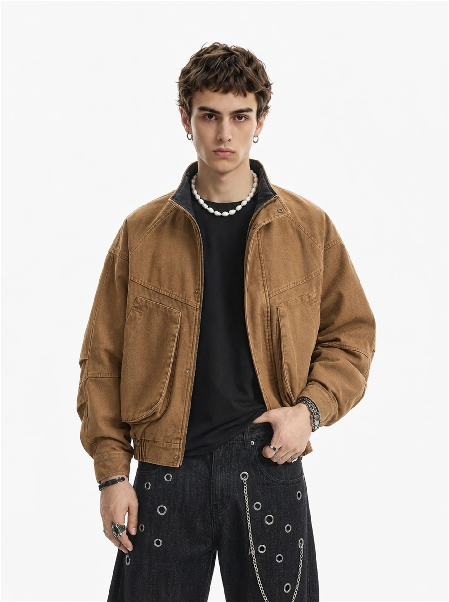 BETEBULE American Style Loose Fit Jacket with Large Pockets Zipper Men's Autumn New Fashion Deconstructed Workwear Coat