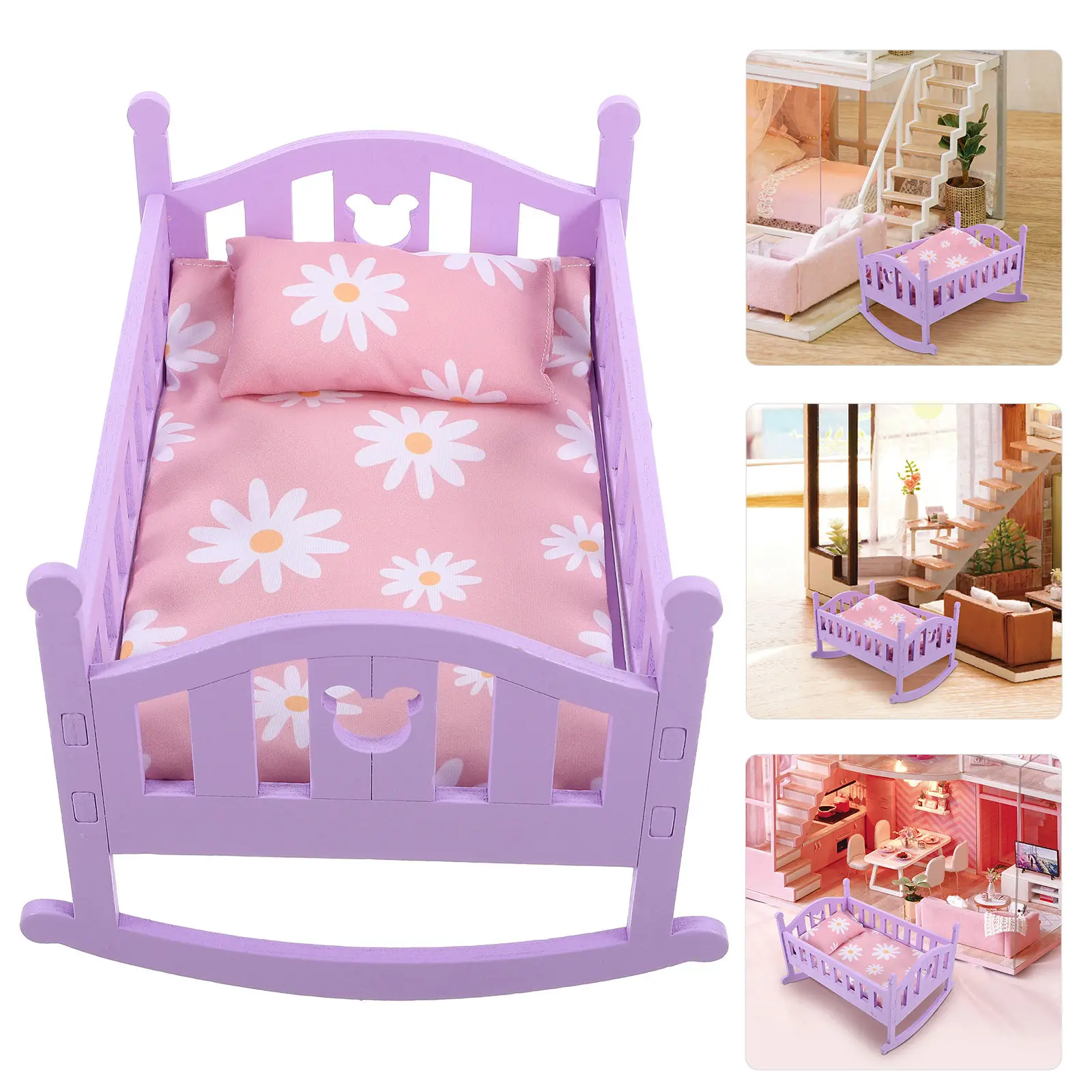 

1 Set Miniature Wood Cloth Crib Rustic Style Long Service Life Ideal Mini House Bedroom Decoration Furniture Prop