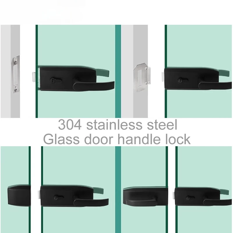 

304 stainless steel Frameless glass door handle lock Office partition door lock Punch installation black brush for 12mm glass