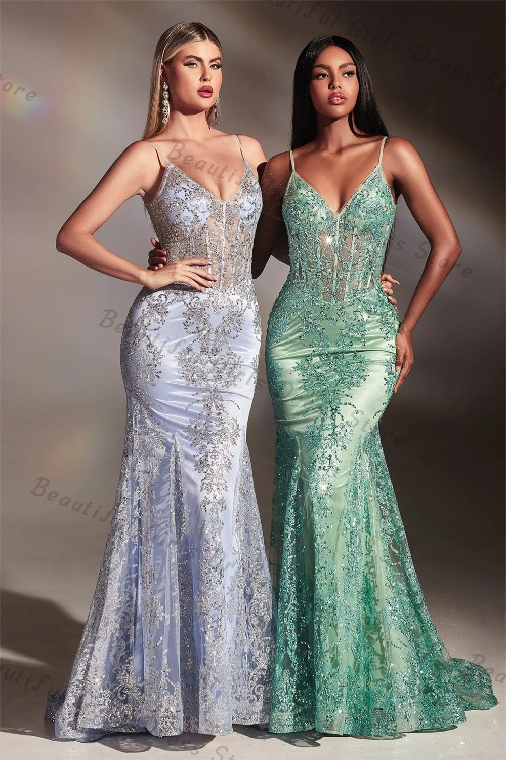 Tulle Spaghetti Straps V-neck Mermaid Evening Dresses Lace Appliques Sleeveless Corset Prom Gown Backless Long Formal Ball Party