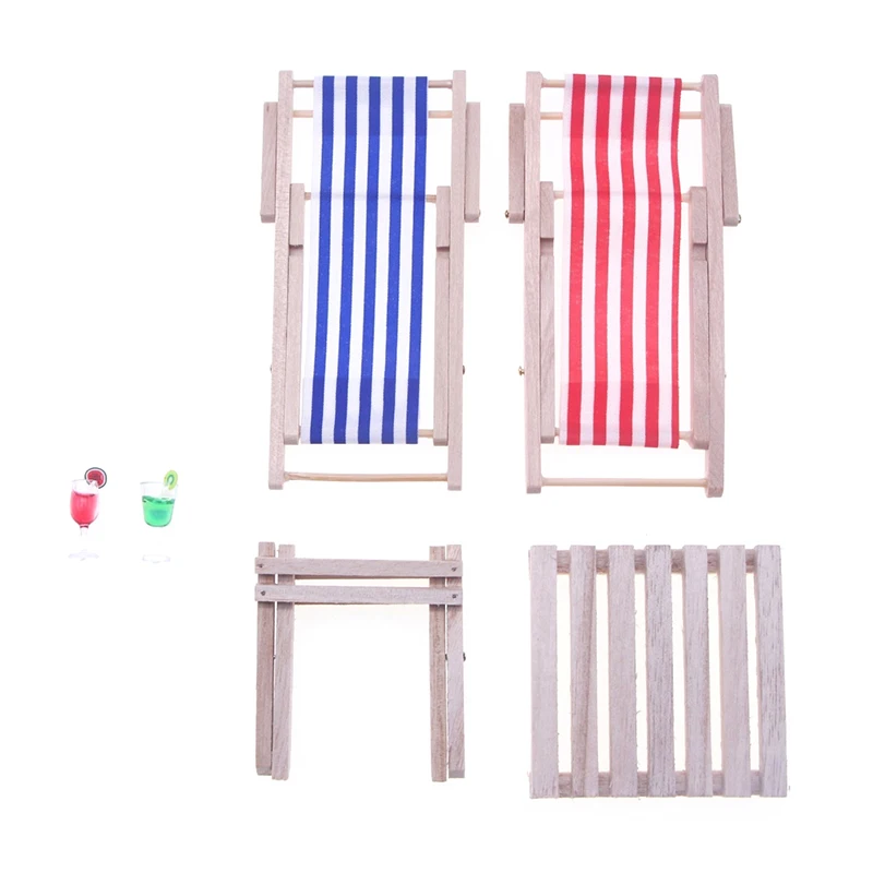 1pc/1set Dollhouse Mini Beach Striped Chair Model Miniature Table Ornament Simulation Resin Summer Drink