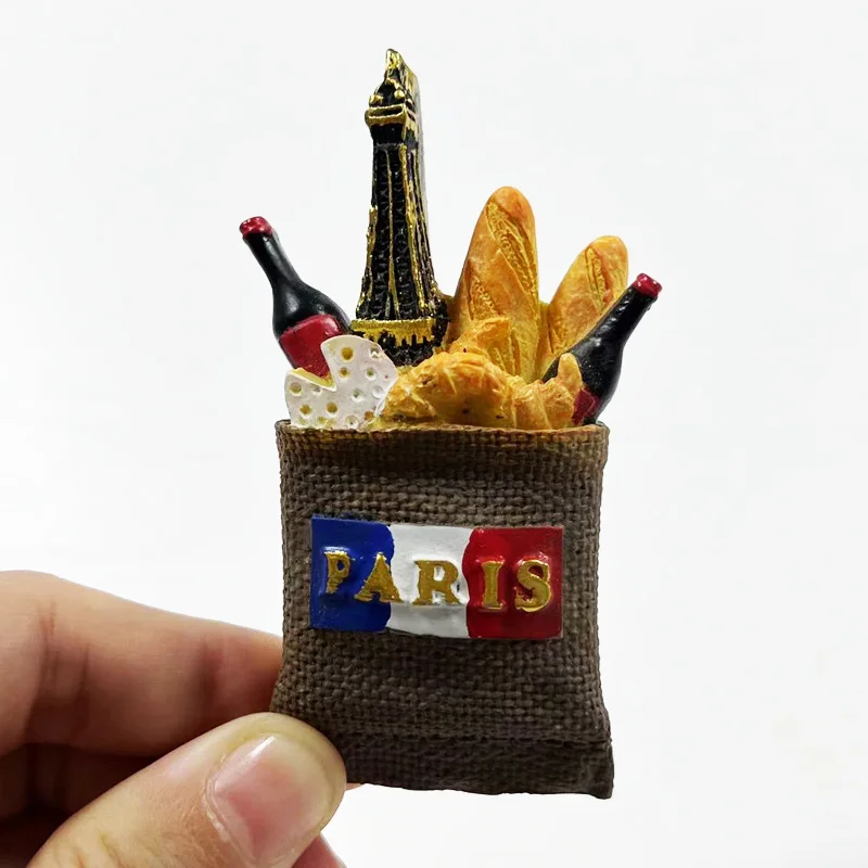 

3D Resin Magnet Refrigerator Poster - Paris Theme - Eiffel Tower, Baguette, Cheese, Wine - French Souvenir