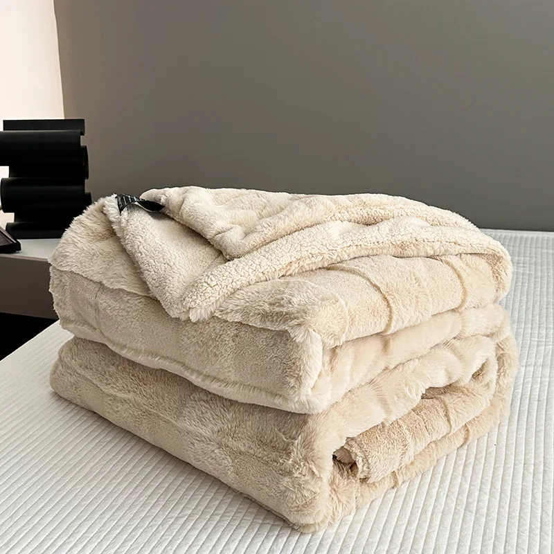 

Cozy Double Layer Plush Blanket Soft Warm Rabbit Fleece Solid Color Winter Throw for Bed Sofa Office Nap Travel Thick Comfort