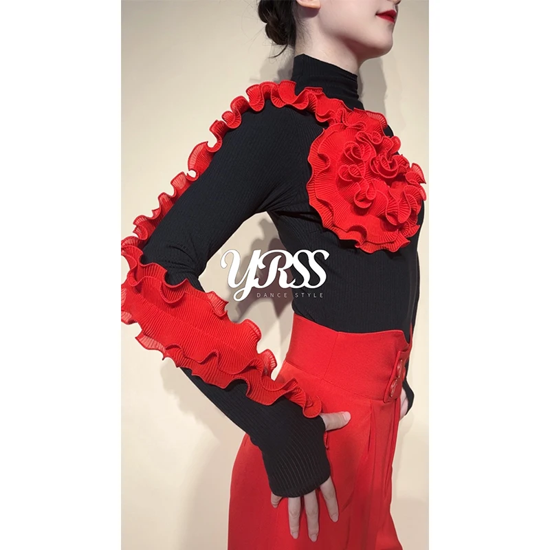 Blume Rüschen Ballroom Dance Tops Frauen Walzer Latin Dance Performance Kleidung Wettbewerb Trikots Erwachsene Tanz Kostüm BL17163