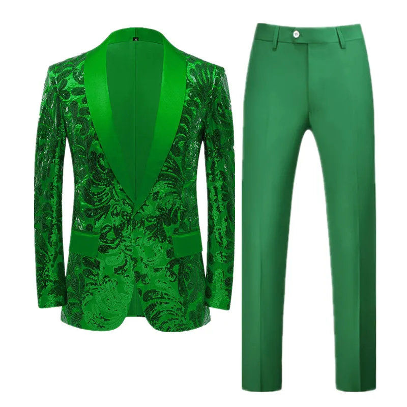 (Jacket + Pant) Fashion Men Sequin Suit Gold / Green Men\'s Luxurious Wedding Dance Party Stage Perform Dress Male Blazer Trouser