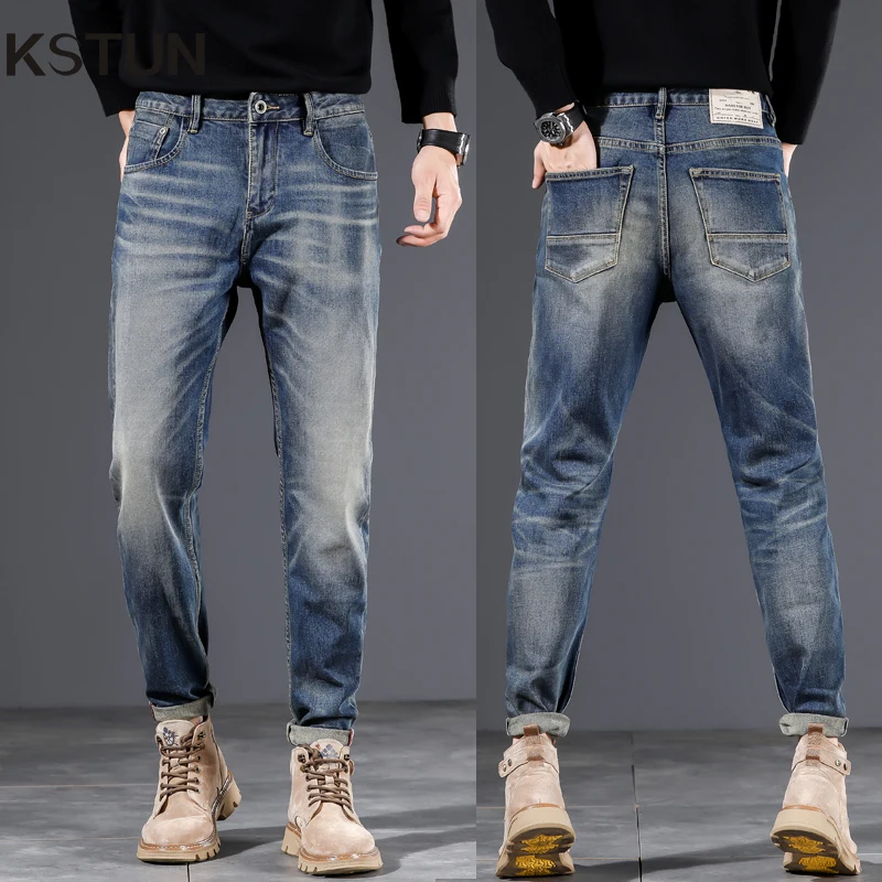 

Мужские джинсы стрейч KSTUN, синие облегающие прямые уличные модные дизайнерские мужские брюки из джинсовой ткани высокого качества