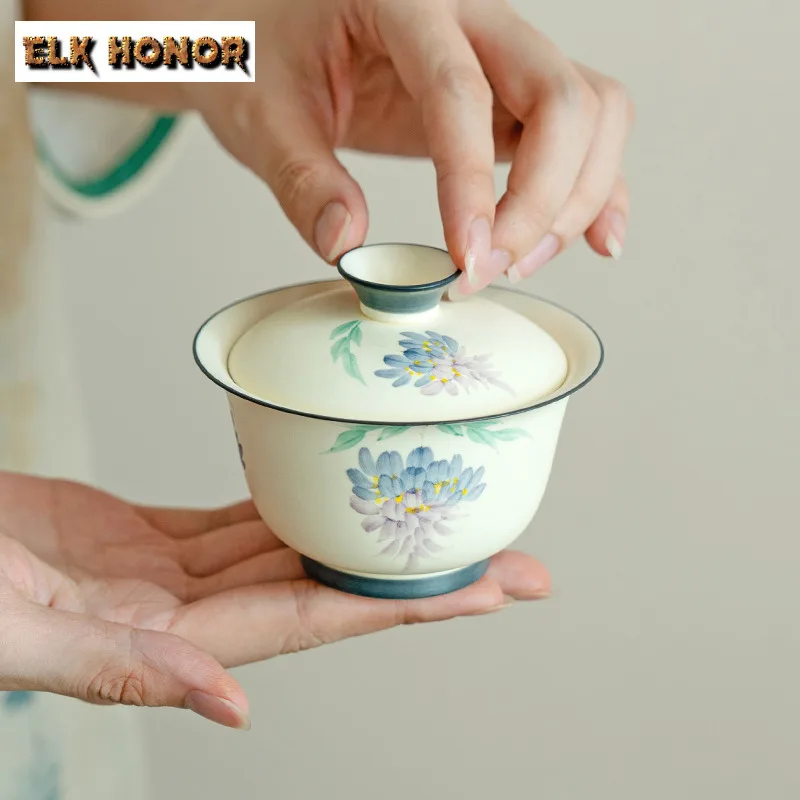 150ml Pure Hand Drawn Wisteria Flower Gaiwan Japanese Powder Yin Mini Tea Tureen Tea Maker Cover Bowl Cha Tea Accessories Craft