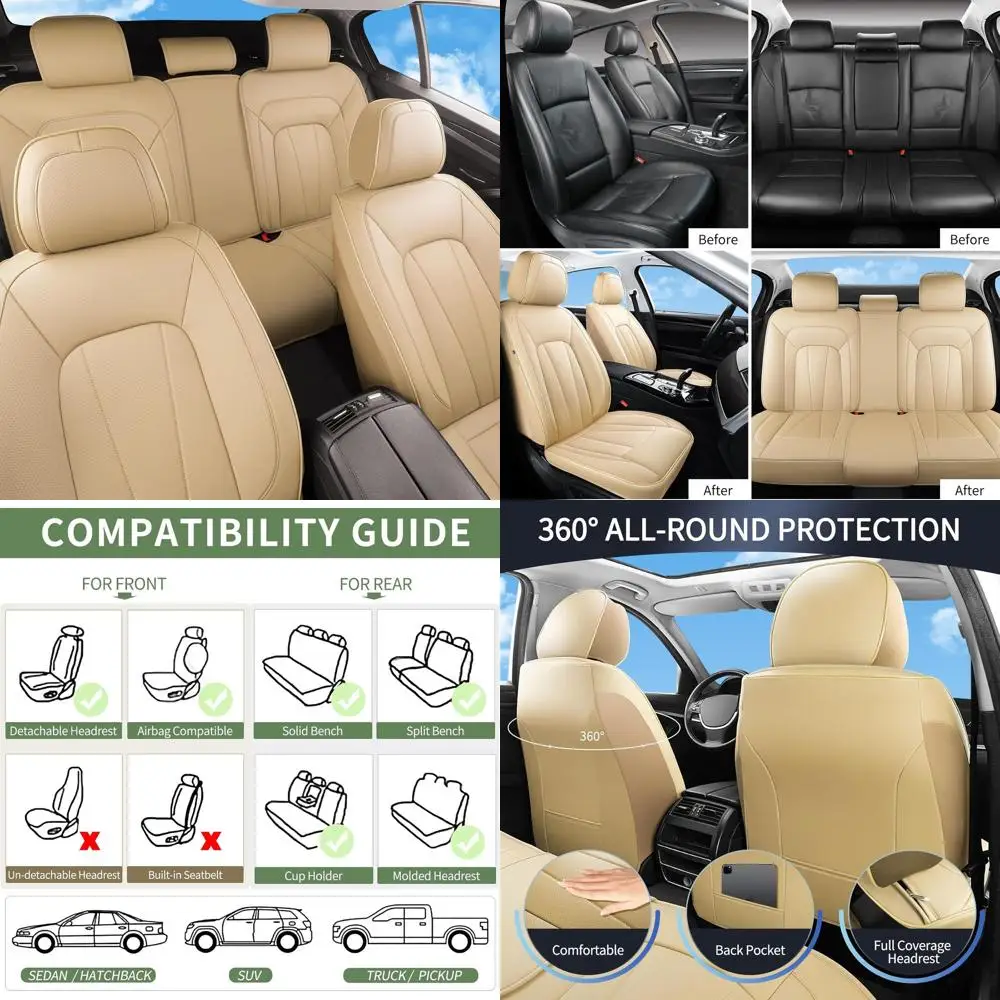 

Luxury Breathable Waterproof Faux Leather Car Seat Covers - Universal Fit for SUVs, Sedans, Trucks, Beige