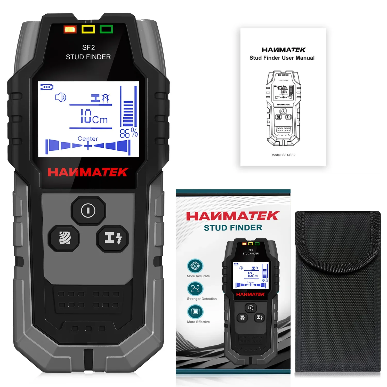 HACHANLUN SF2 Stud Finder Borchie in legno Rilevazione di metalli Rilevamento del cavo live Rilevatore di misurazione della profondità dei metalli Rilevatore da parete Scanner