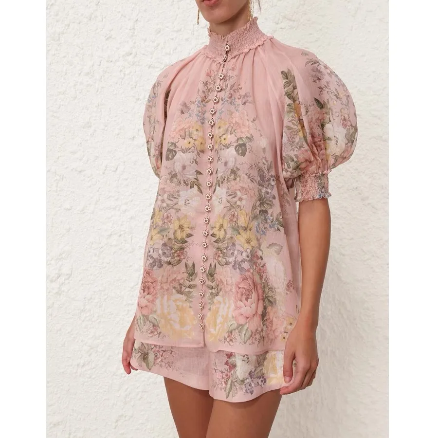 

Pink Cotton Linen irt orts Set Women's Design Sense New Model 2025 Stand Collar Single Button Bubble Sve Clothing