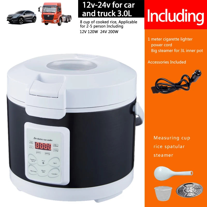 12V 24V Mini Rice Cooker Car Truck Soup Steamer Heating Lunch Box Meal Heater Warmer 3L for Camping Black English Menu