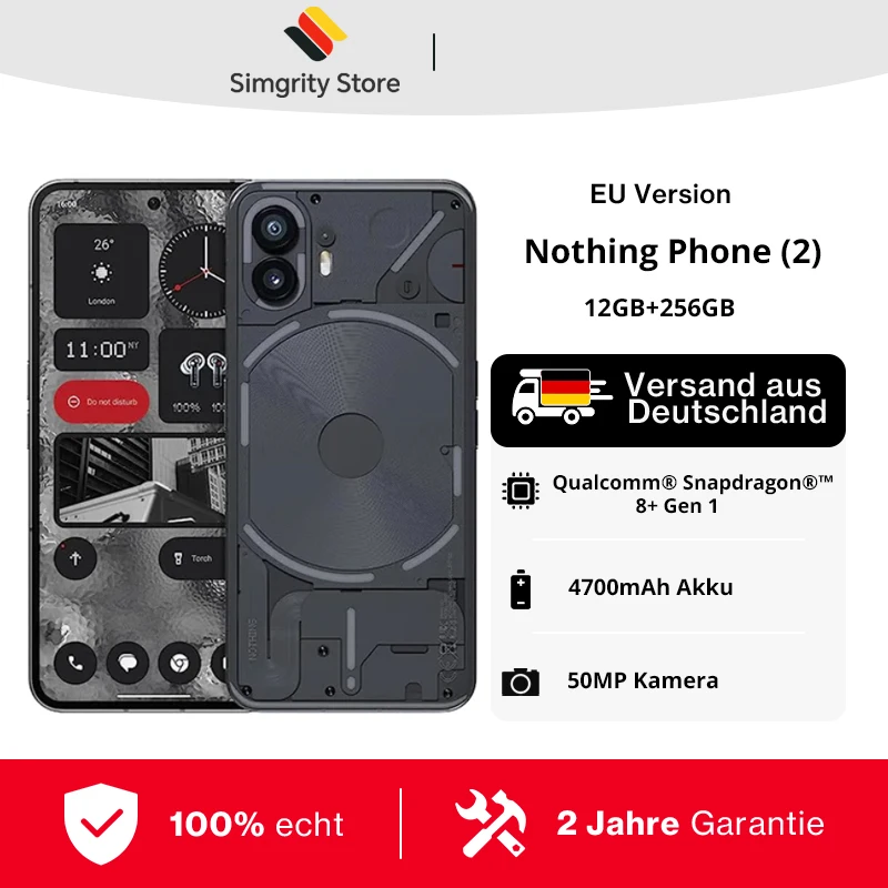 Version mondiale Nothing Phone 2 Snapdragon 8+ Gen 1 �cran OLED LTPO flexible de 6,7 pouces Appareil photo principal 50 Mpx Batterie 4700 mAh Nothing OS 2.0