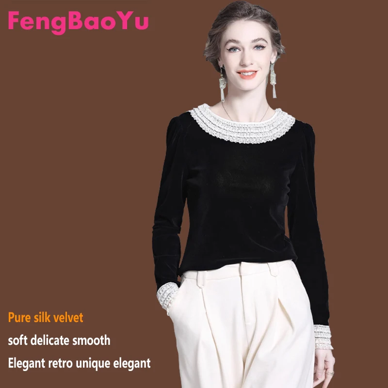 

Женская футболка из натурального шелка шелковицы и бархата с кружевным воротником, платье-пуловер для высококачественных женщин — удобный и мягкий топ