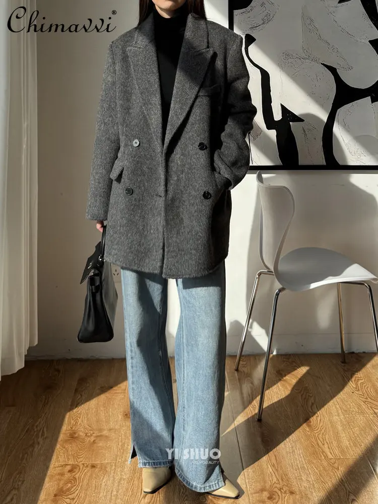 Winter New High-End Right Shoulder Blazer Fashion Coffee Color Thick Warm Double-Sided Wool Coat Short OL Gray Woolen Coat Women