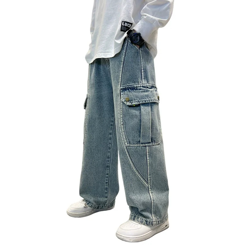 New Boys\' Straight Leg Cargo Jeans Teenage Children Wide Leg Denim Pants for Kids Loose Pockets Trousers Spring Autumn 5 -15Yrs