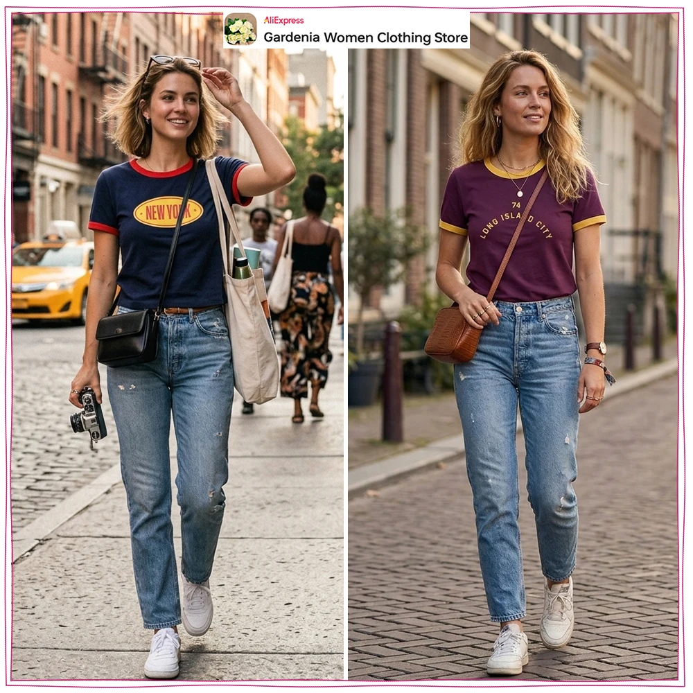Preppy Style Text T-shirts for Women Summer Regular Fit Printing T-shirt Casual Short Sleeve Tees with Contrasting Text and Trim