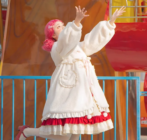 Lolita jas winter verdikte schattige ruches pluche warme lange mouw losse jas lief meisje kerst grote schommel witte vetermantel