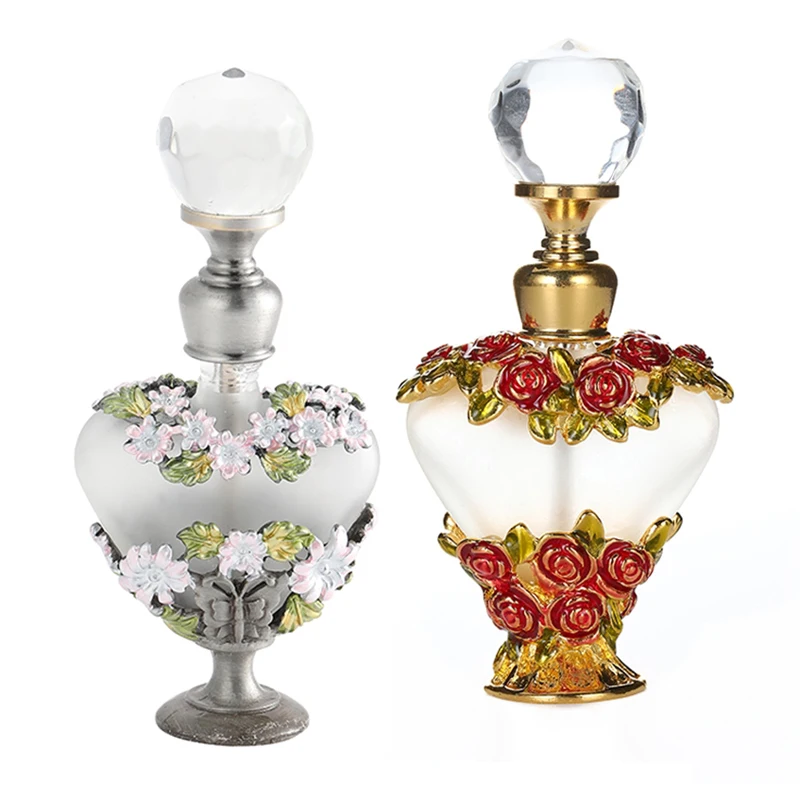 1pc Vintage Glass Perfume Bottle 5ml Flower Decor Rose Floral Painted Heart Shape Container Diamond Cap Crystal Refillable Gift
