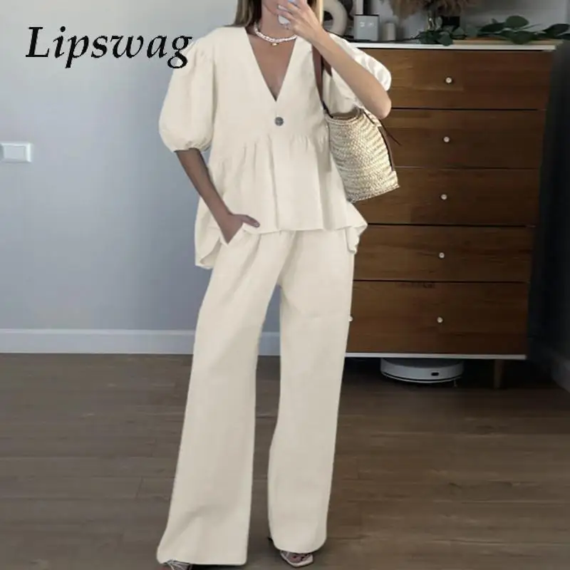 

All Match Loose Vacation Outfits New Women Solid Color Temperament Set Casual V-Neck puff Sleeve Blouse Tops&Wide Leg Pants Suit