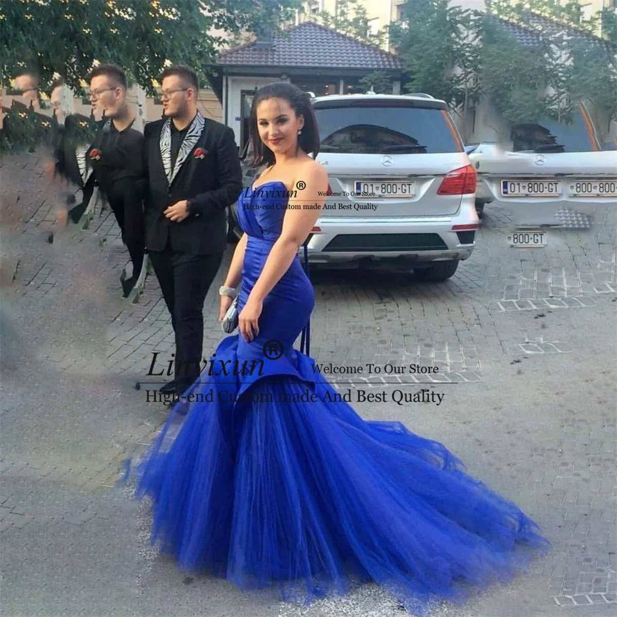 

Royal Blue Mermaid Prom Dresses Pleat Sleeveless Formal Evening Party Gowns Elegant Tulle Court Train Long vestidos de gala