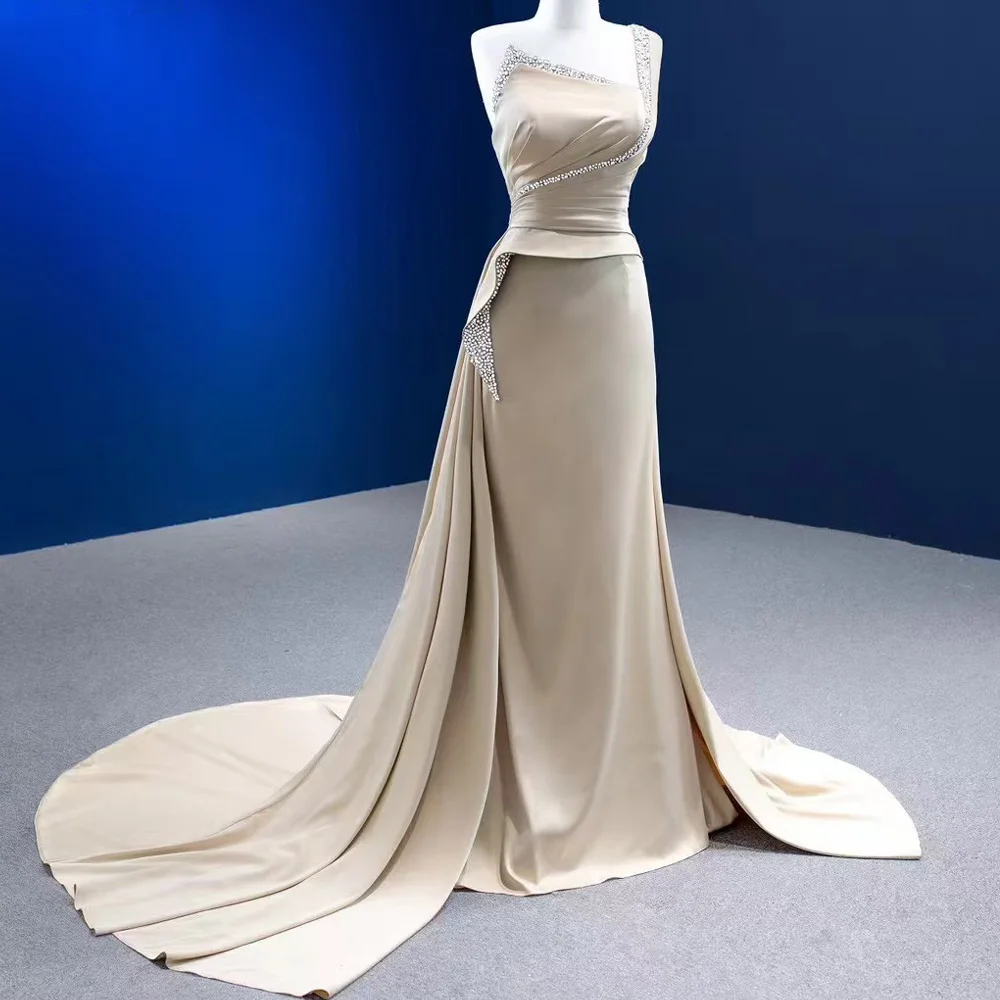 

Lace-Up Back Crystal Ruched Sheath Strapless One-Shoulder Evening Dress Customizable Abendkleider For Women