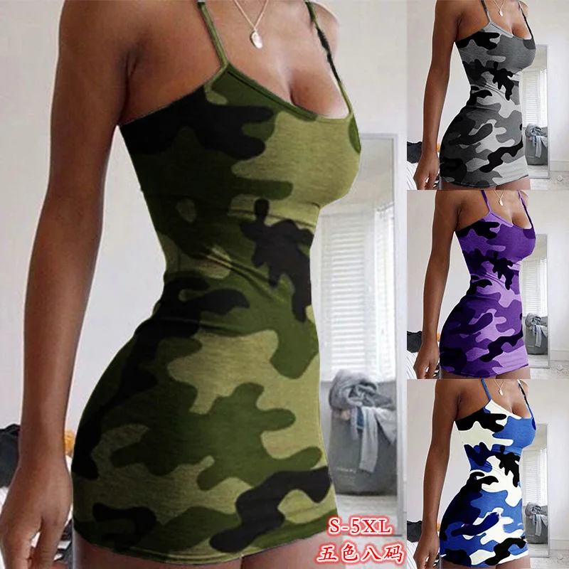 Robe à bretelles italienne, Sexy, imprimé Camouflage, Mini robe d'été courte sans manches pour femmes, Slim, décontractée, robe de banlieue
