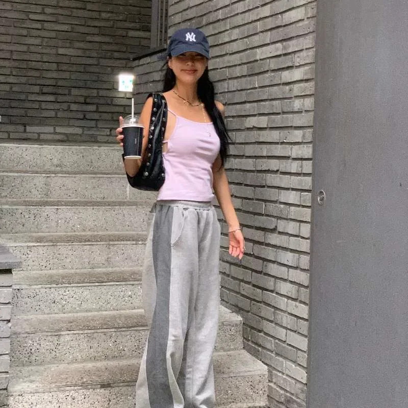 Pantaloni casual a gamba larga a vita alta Pantaloni sportivi a taglio dritto con giunture laterali color sangue per donna Materiale in cotone