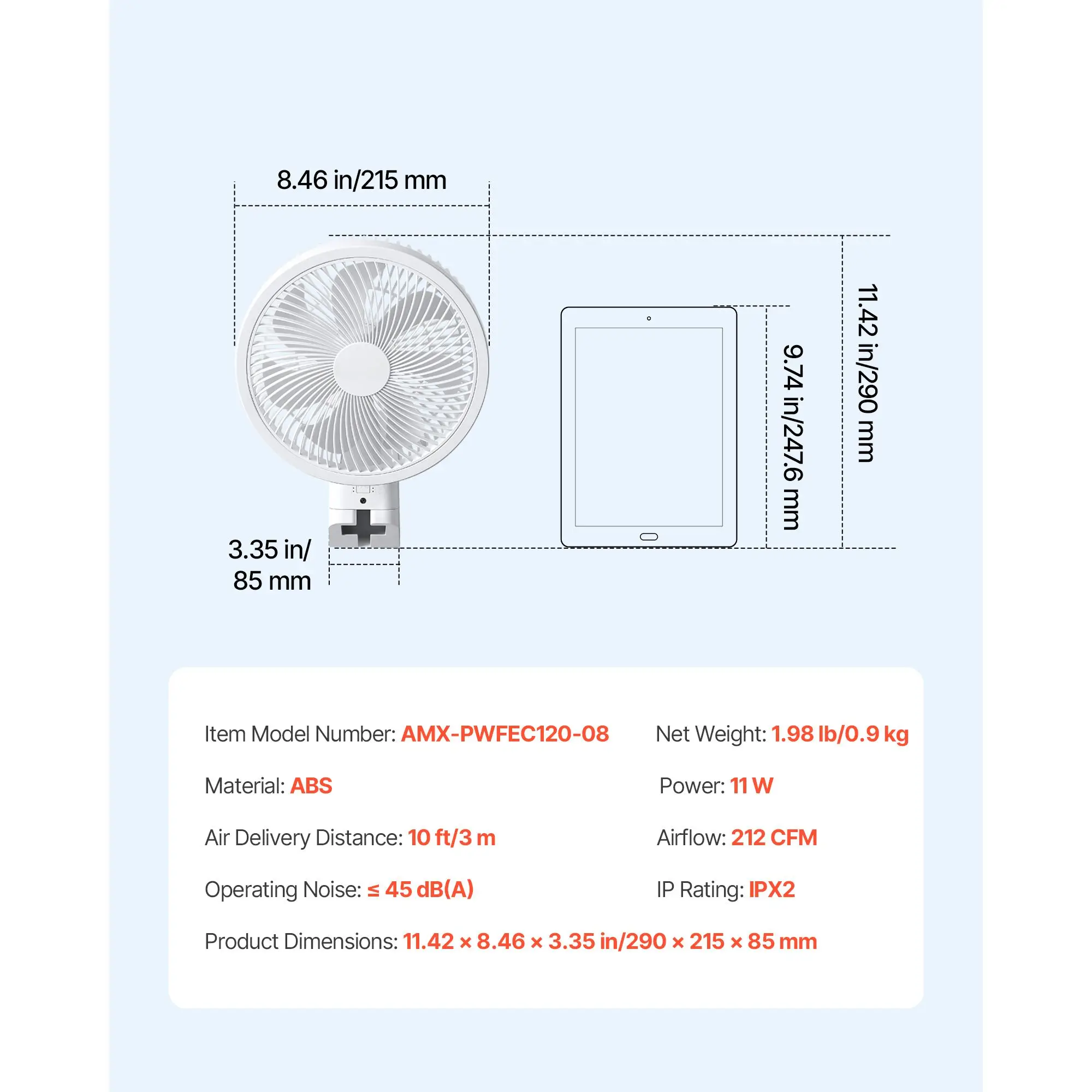 8.5 in Wall Mount Fan, Oscillating Hanging Fan with Remote Control, 10 ft Powerful Airflow, DC Motor, 4 Speeds & Timer, Auto 90° Horizontal & Manual Vertical Tilt, Ideal for Home, Office, RV