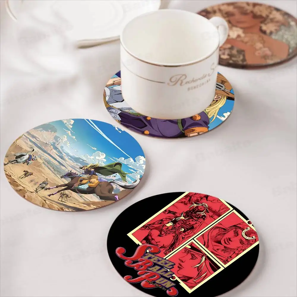 Japanese Anime Steel Ball Run Retro Wooden Cup Mats Elements Colour Printing Cup Coasters Home Kitchen Decora Gifts