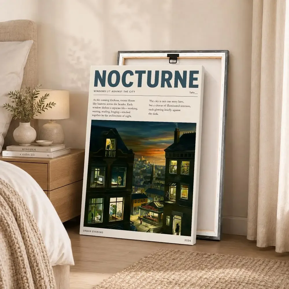 Lonely city life oil art（Edward Hopper） Framed Wall Painting Canvas Art Poster Solid Wood Frame for Room Living Home Decor